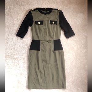 Olive green & black fitted  chiffon/midi dress